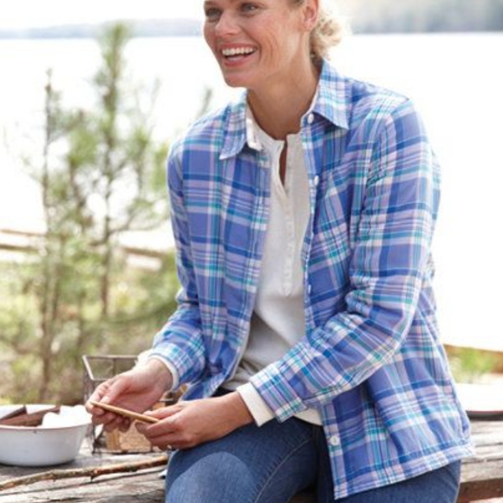 L.L. Bean Women's Fleece-Lined Flannel Shirt, Snap-Front Plaid Size Large